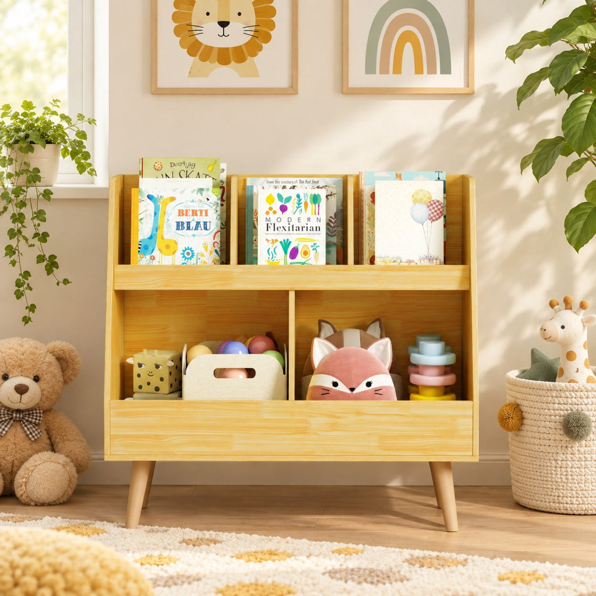 Airfind 5-Cube Kids Bookshelf and Toy Organizer with Anti-Tipping Kits, 68 lbs Capacity, MDF Solid Wood Frame, White Oak Natural Pink Light Gray