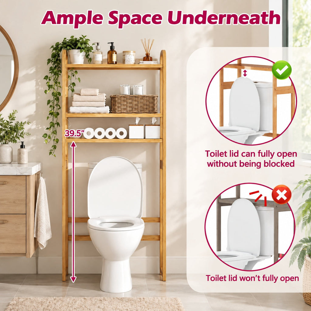 Airfind 3-Tier Bamboo Bathroom Floor Organizer with 5-Position Shelves and 3 Hooks, 132 lbs Capacity, Bamboo Frame, Natural