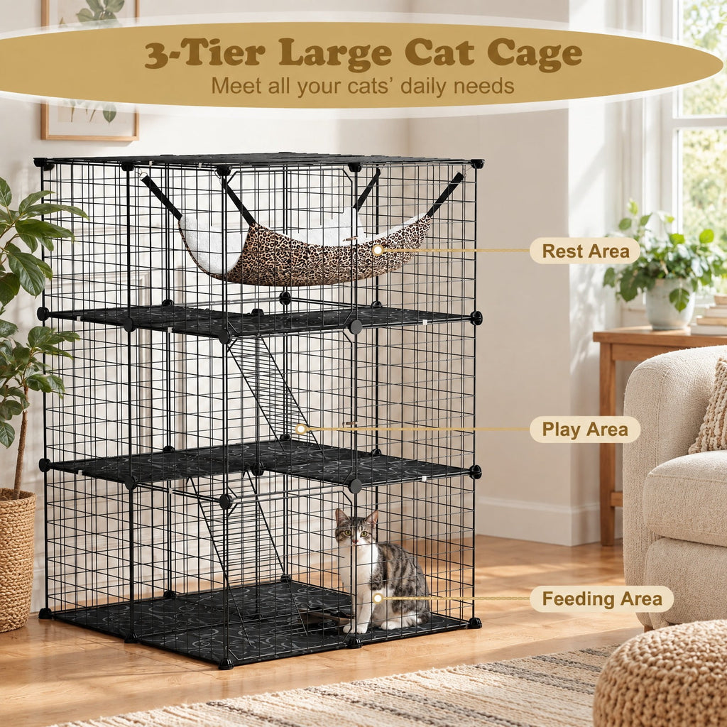 Airfind Indoor Cat Cage 3-Tier Cat Enclosure Detachable Metal Wire Kennel, 5 kg Capacity, PP Frame, 29.1 Inch x 29.1 Inch x 42.1 Inch Footprint, Black