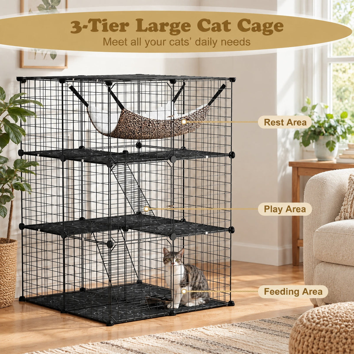 Airfind Indoor Cat Cage 3-Tier Cat Enclosure Detachable Metal Wire Kennel, 5 kg Capacity, PP Frame, 29.1 Inch x 29.1 Inch x 42.1 Inch Footprint, Black