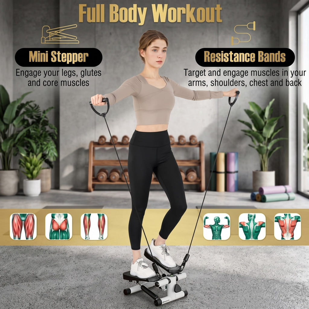 Airfind Mini Stepper for Exercise at Home with Resistance Bands, Adjustable Height, Anti-Slip Pedals and LCD Monitor, Quiet Hydraulic Stair Stepper for Full, White
