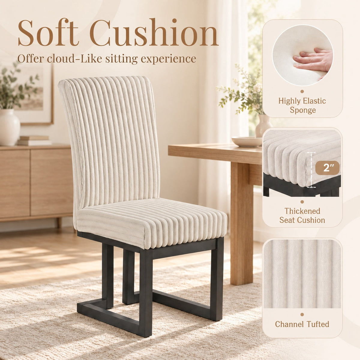 Airfind Upholstered Dining Chairs Set of 2 with Rubber Wood Legs and Padded Seat for Dining Room, 330 lbs Capacity, Rubber Wood Frame, Beige