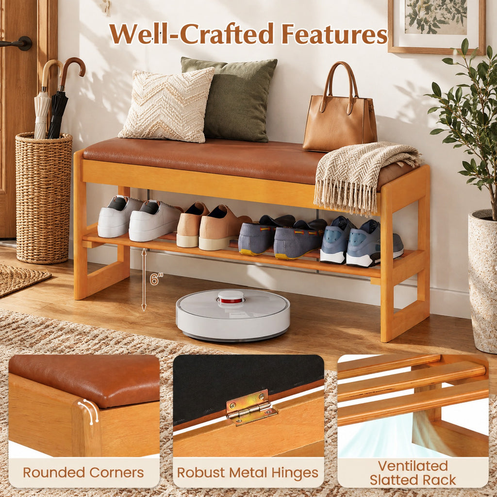 Airfind Shoe Rack Bench with Storage 2-Tier Rubberwood Entryway Bench with Flip-Open Storage, 400 lbs Capacity, 40in x 13.5in x 17in Footprint, Brown