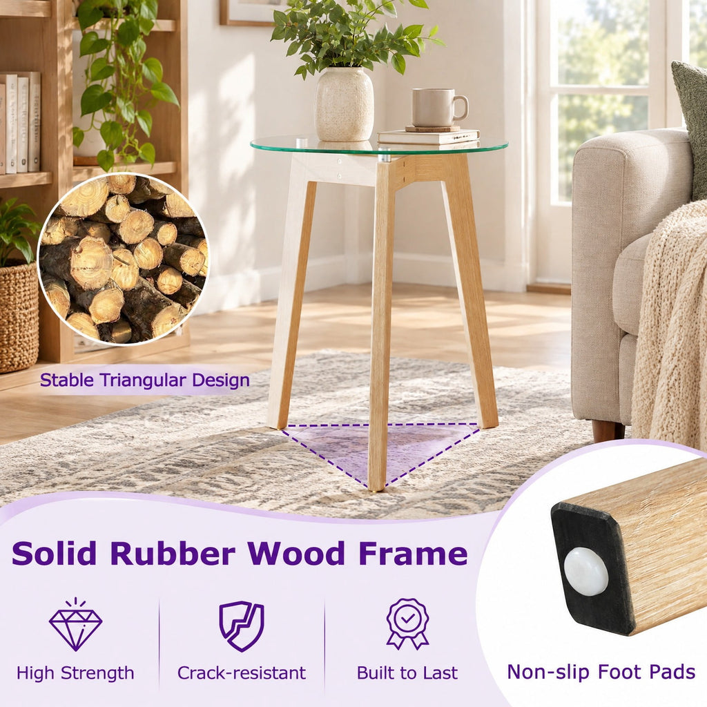 Airfind Tempered Glass End Table Round with Solid Rubber Wood Structure-1 Piece, 110 Lbs Capacity, Tempered Glass Rubber Wood Plywood, Natural