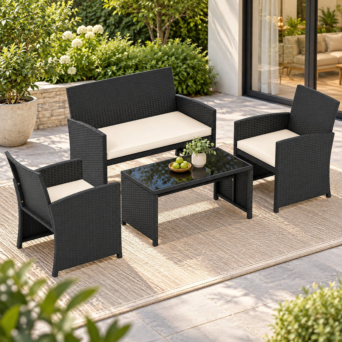 Airfind 4 Pieces Patio Furniture Set with Tempered Glass Tabletop and Removable Cushion, 400 lbs Capacity, Rattan Steel Sponge Frame, White