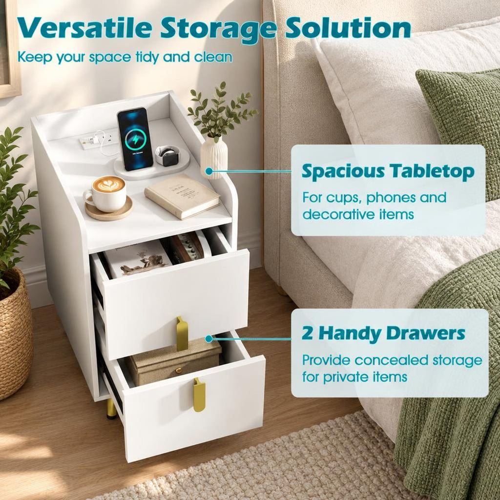 Airfind Nightstand Side Tables with 2 Drawers and Charging Station with 3 AC Outlets and 2 USB Ports, Engineered Wood MDF Metal Frame, 16 Inch x 12.5 Inch 23.5 Inch Drawer Internal Footprint, White