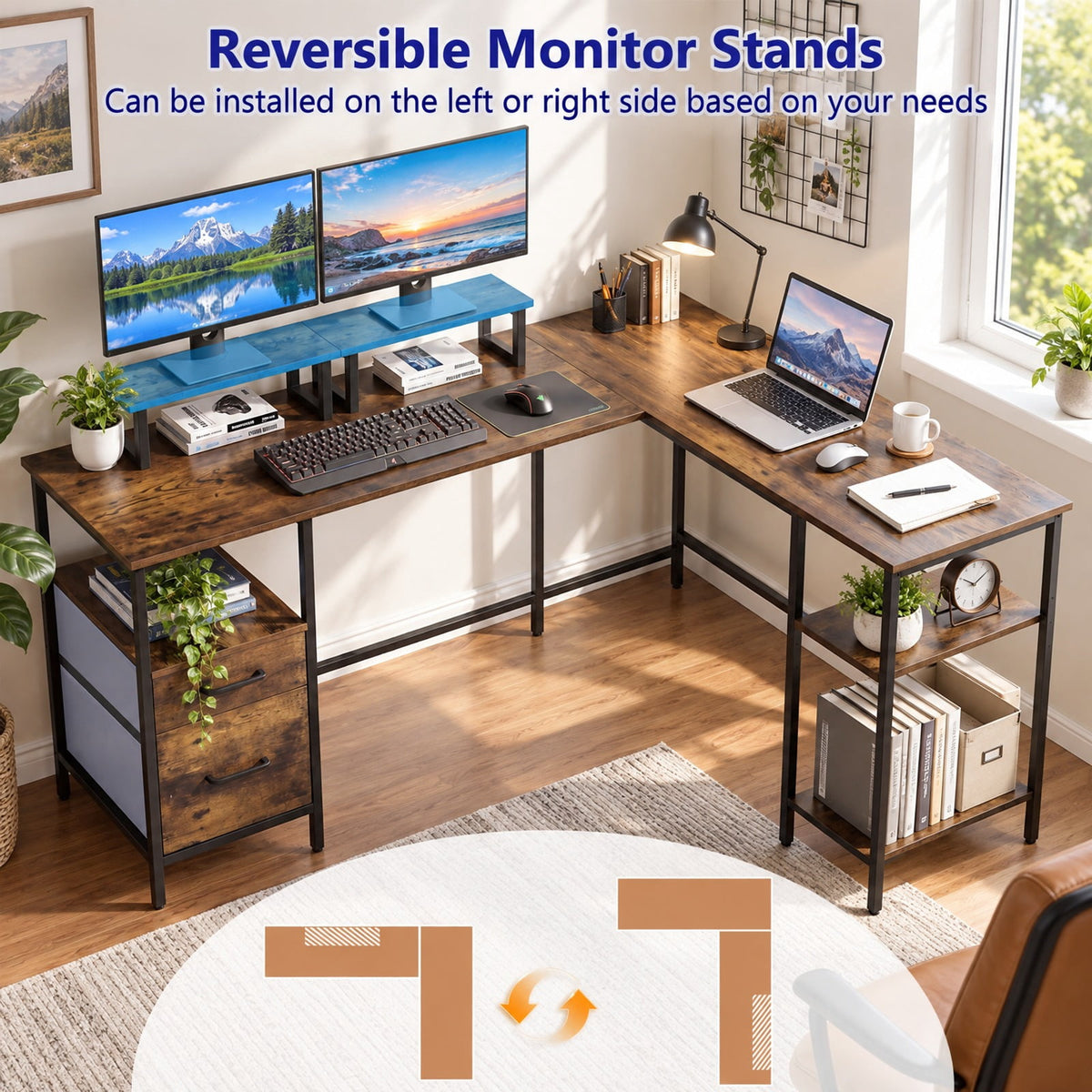 Airfind L Shaped Desk with Power Outlet Reversible Computer Desk with Monitor Stands, 155 lbs Capacity, Engineered Wood Metal Fabric Frame, Brown