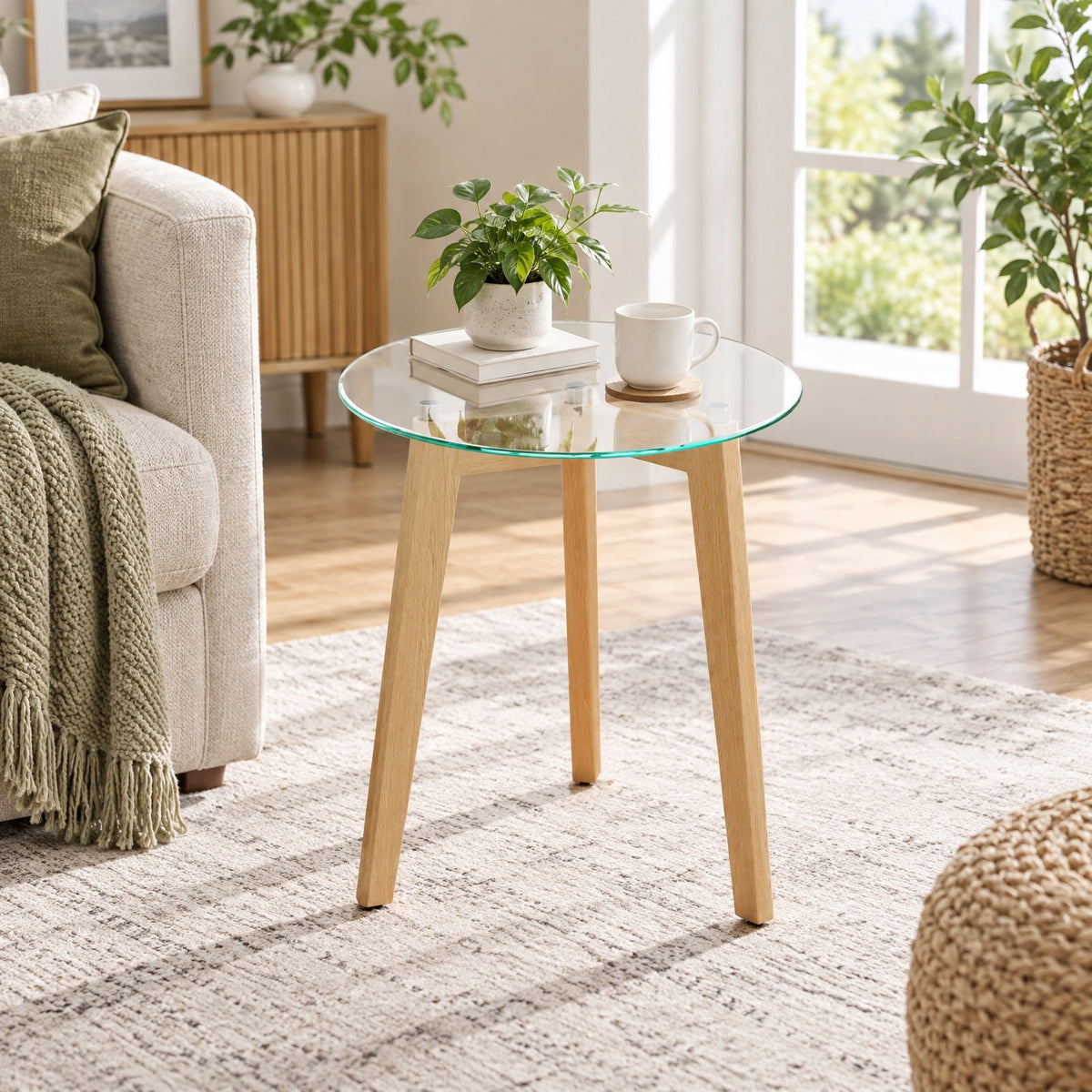 Airfind Tempered Glass End Table Round with Solid Rubber Wood Structure-Set of 2, 110 lbs Capacity, Tempered Glass Rubber Wood Plywood Frame