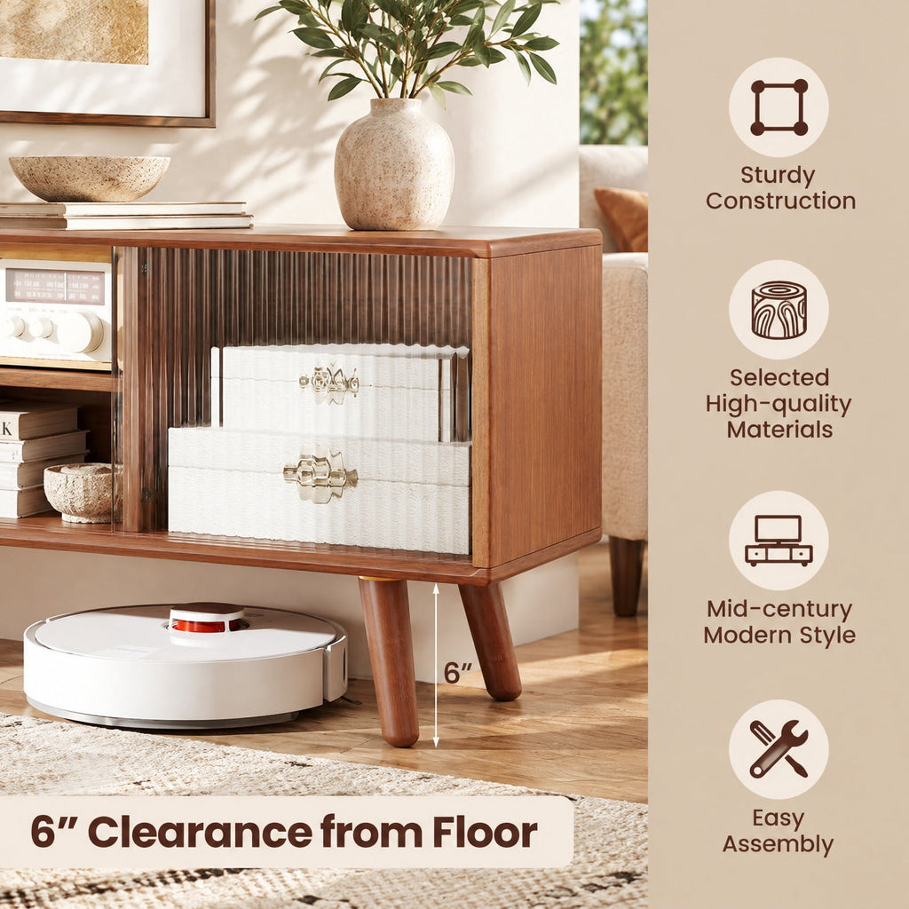 Airfind Modern TV Stand with Rattan Glass Sliding Doors, Bamboo Rubber Wood Rattan Tempered Glass Frame, 47.5 x 12 x 18 Footprint, Brown