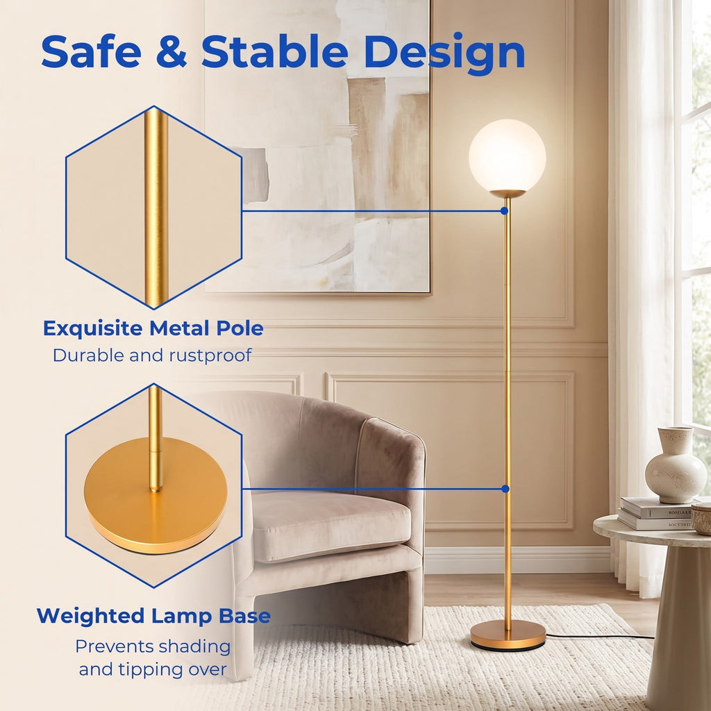 Airfind Glass Globe LED Floor Lamp with Glass Lampshade, A3 steel Frame, 8in x 10in x 65in (L x W x H) Lampshade Footprint, Golden