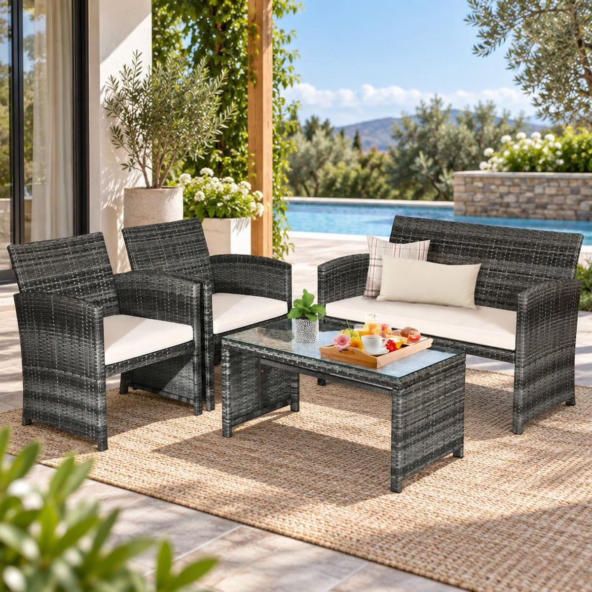 Airfind 4 Pcs Patio Rattan Furniture Set Top Sofa With Glass Table, PE Rattan Polyester Fiber Steel Sponge Single Sofa Frame, White