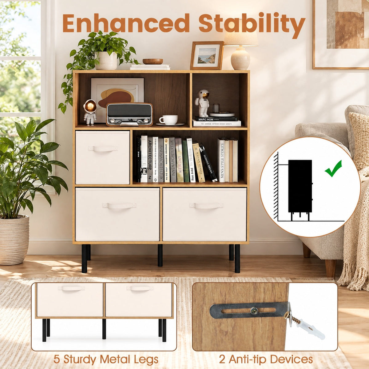 Airfind 6-Cube Bookshelf with 3 Removable Folding Fabric Drawers for Living Room, 330 lbs Capacity, Metal Engineered Wood Frame, Natural