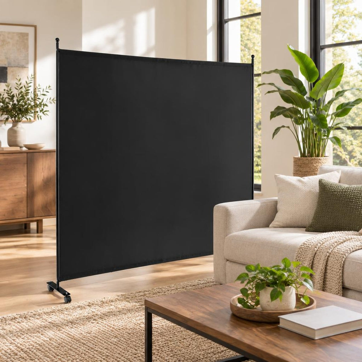 Airfind 6 Feet Single Panel Rolling Room Divider with Smooth Wheels, Metal polyester Frame, 73 x 12 x 73 Footprint, Black