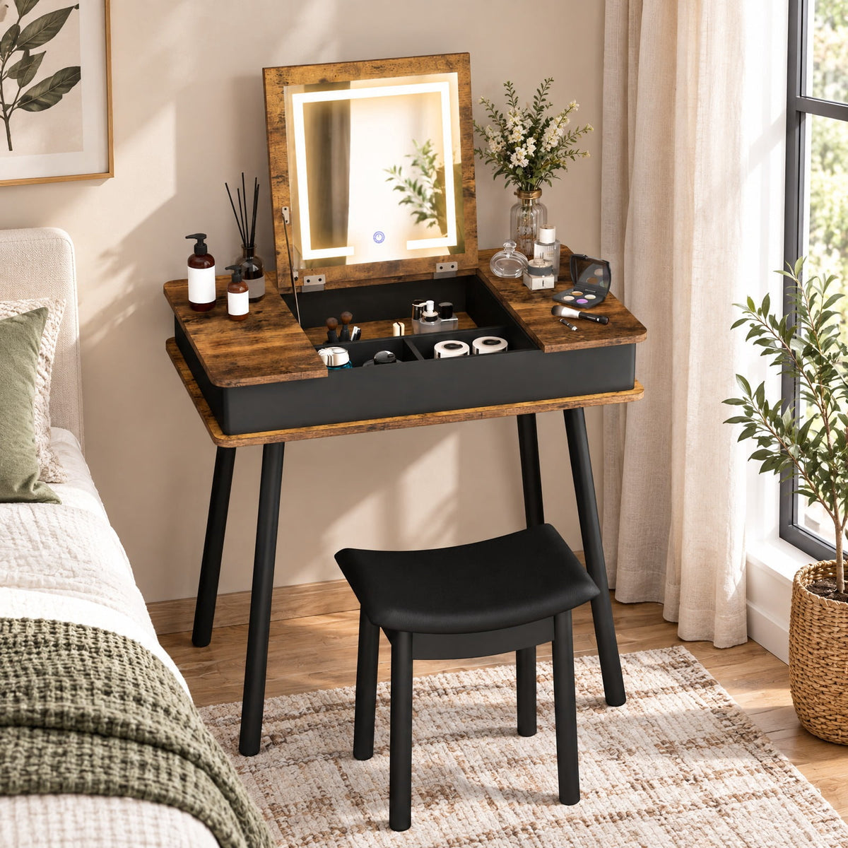 Airfind Vanity Table Set with Flip Top Mirror Lights USB Writing Desk and Stool, 99 Lbs Capacity, MDF Pine Wood Glass Sponge PU Leather, Brown