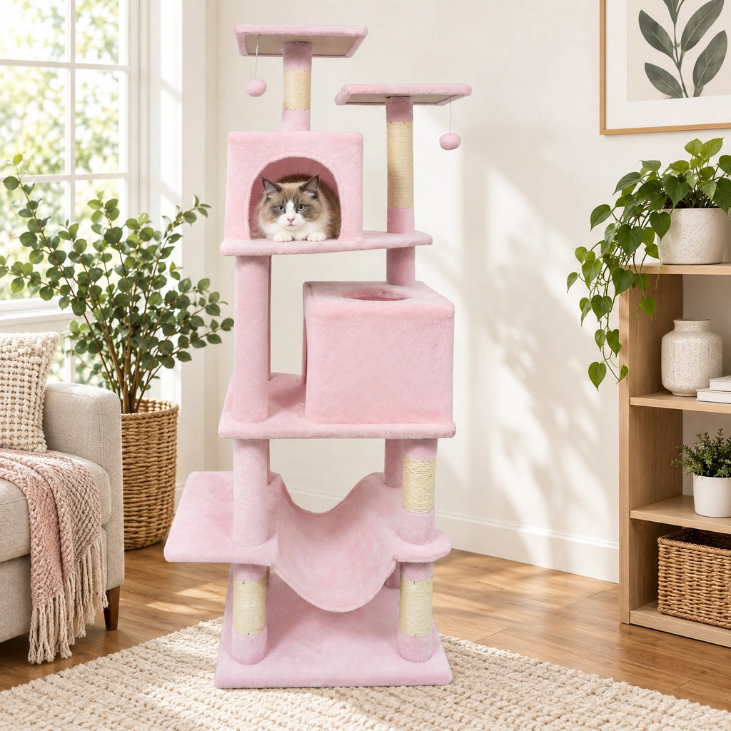 Airfind 57 Inch Cat Tree with Dual Condos and Hammock and 2 Dangling Balls, 29 x 16 Footprint, Pink