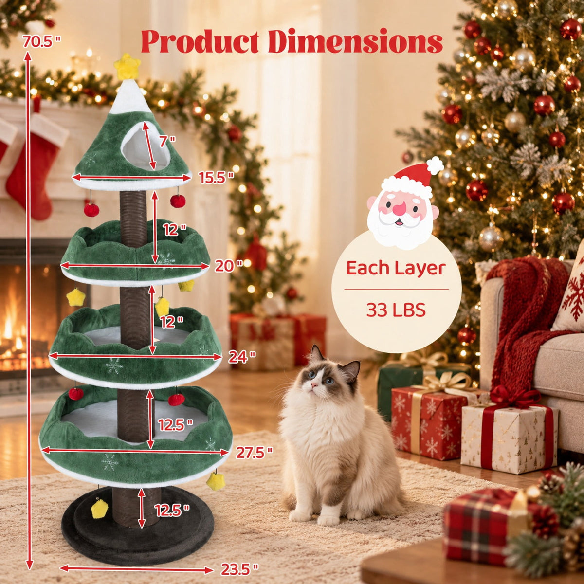 Airfind Multi-level Christmas Cat Tree with 3 Platforms and Upholstered Top Perch, 33 lbs Capacity, 27.5in x 70.5in Base Footprint, Multicolor