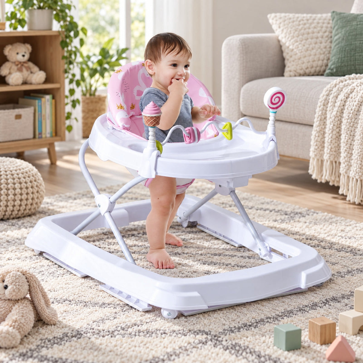 Airfind Foldable Baby Activity Walker with Adjustable Height and Detachable Seat Cushion, 30 lbs Capacity, PP Metal Frame, for 6-36 Months Old, Pink