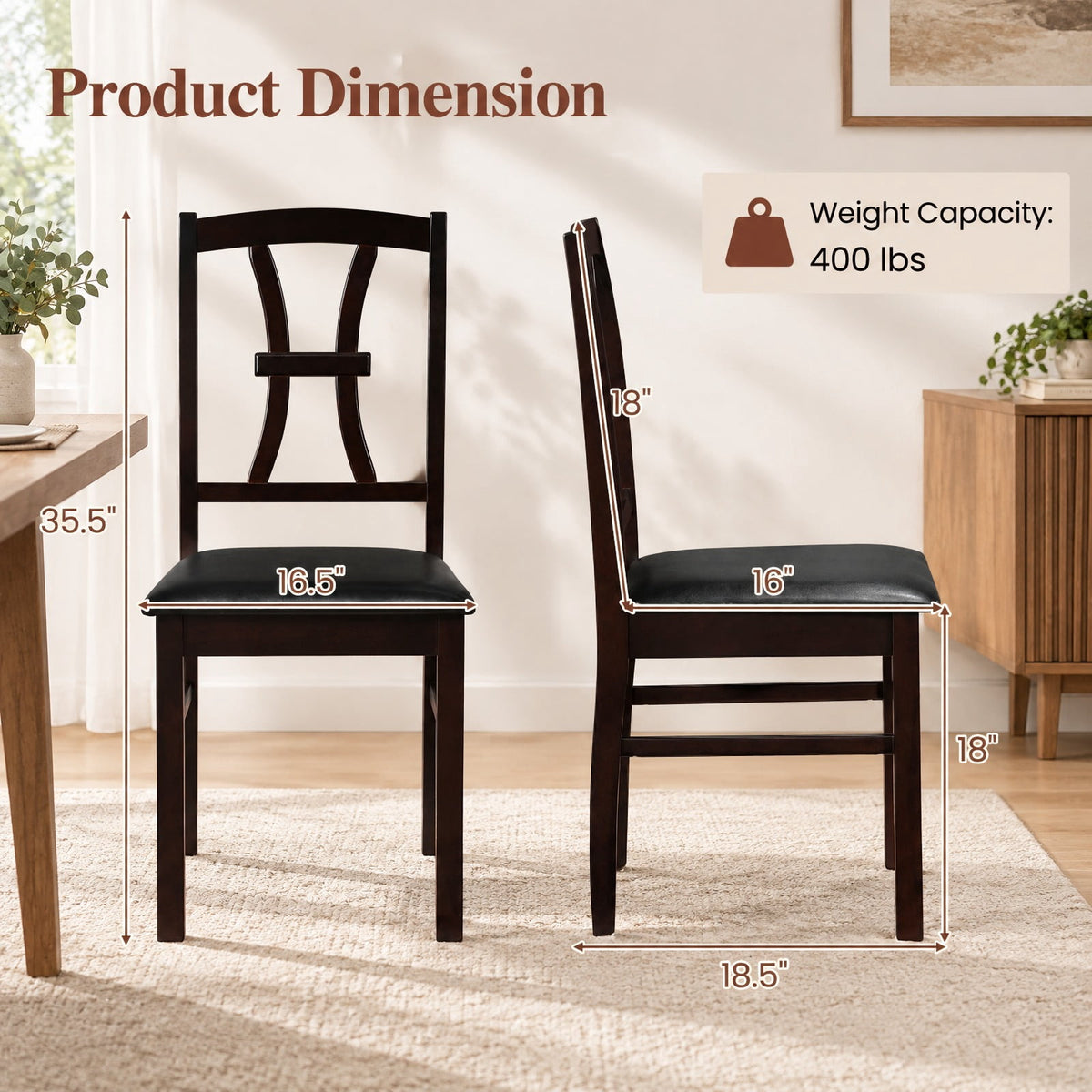 Airfind Wooden Dining Chairs Set of 2 with Faux Leather Padded Seat for Kitchen, 400 lbs Capacity, Rubber Wood Frame, Brown