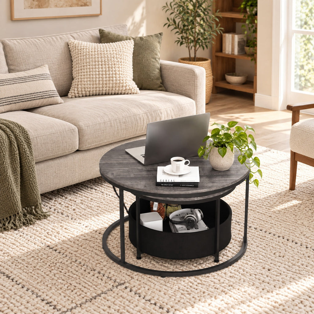 Airfind Round Coffee Table Set of 2 31.5 and 24 Circle Cocktail Table with Fabric Storage Basket, 110 lbs Capacity, 31.5 x 19 Footprint, Gray