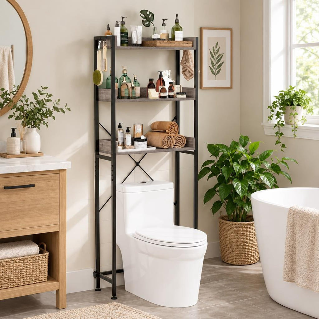 Airfind Over The Toilet Storage Rack with Hooks and Adjustable Bottom Bar, Metal Engineered Wood Frame, Grey