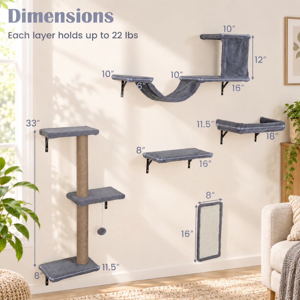 Airfind 5-in-1 Cat Wall Shelves with Condo Bridge Perch Platform Scratching Post and Board for Indoor, 22 lbs Capacity, Gray