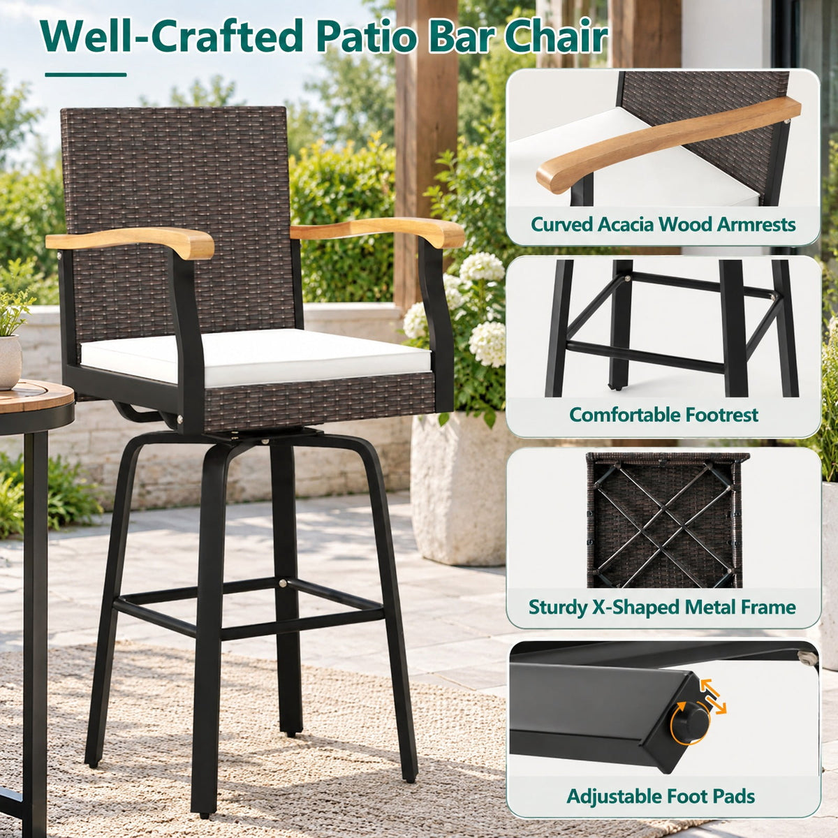 Airfind One Outdoor 360° Swivel Bar Stool with Cushion and Acacia Wood Armrests, 400 lbs Capacity, Wood