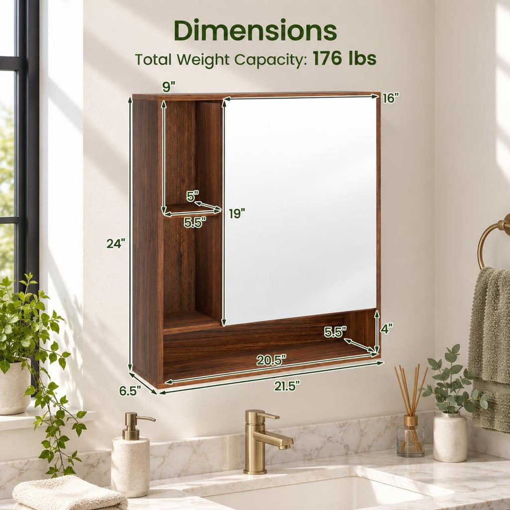Airfind Wall Mounted Bathroom Cabinet with Mirror Single Door, 176 lbs Capacity, Glass MDF Engineered Wood Frame, 21.5 Inch x 6.5 Inch x 24 Inch Footprint