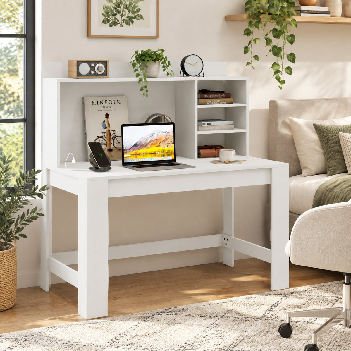 Airfind Modern Computer Desk with Hutch and Storage Shelves, 330 lbs Capacity, MDF Engineered Wood Frame, 42.5 Inch x 23.5 Inch x 49 Inch Storage Footprint