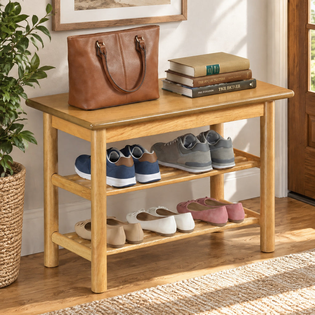 Airfind Shoe Rack Bench 3-Tier Rubberwood Shoe Changing Bench, 485 lbs Capacity, Rubberwood MDF Frame, 24 Inch x 12 Inch x 17 Inch Footprint, Natural