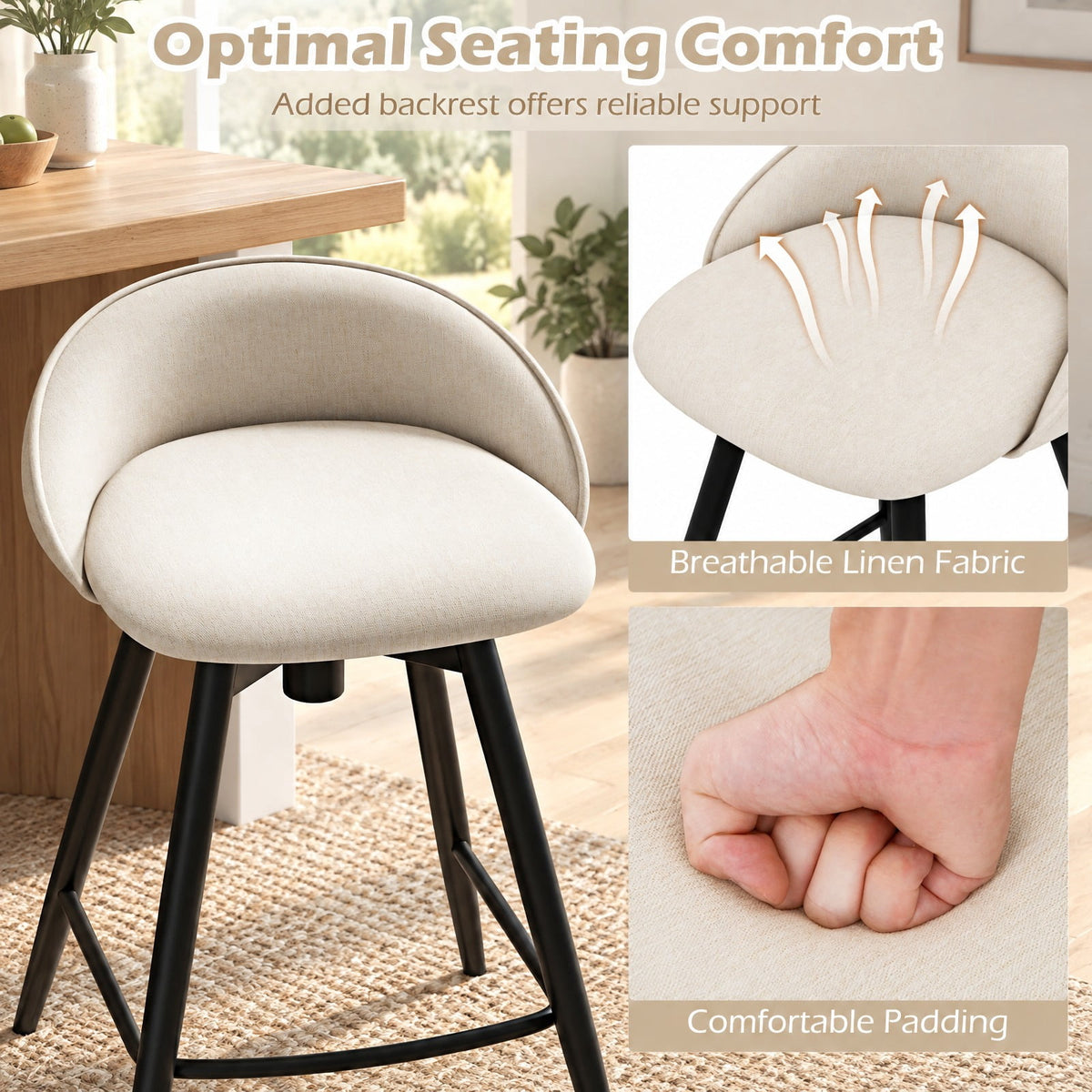 Airfind Upholstered Bar Stools Set of 2 with Footrest and Backrest, 330 lbs Capacity, Metal Linen Fabric Sponge Frame, Beige