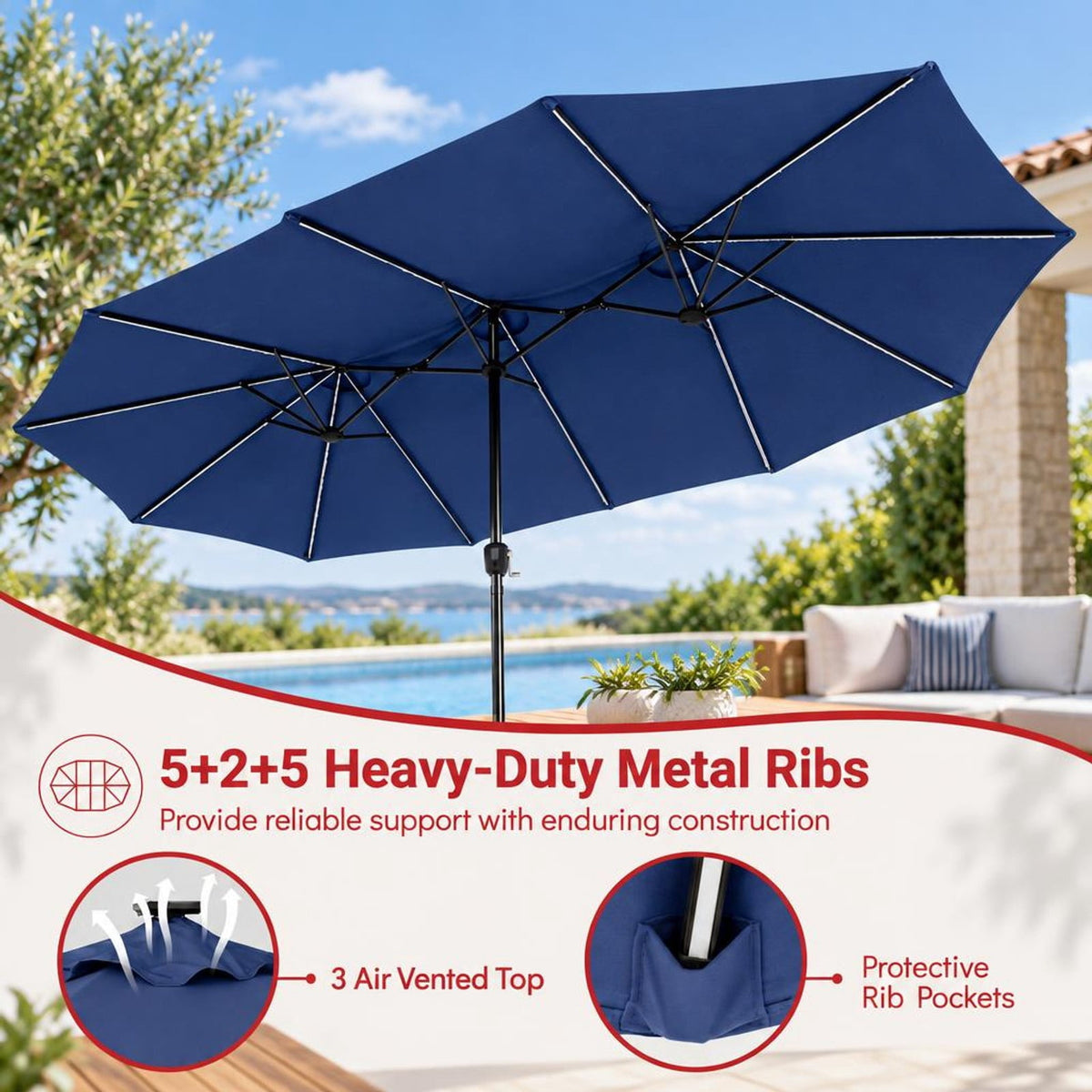 Airfind 15.5FT Extra-Large Patio Umbrella with Base 12 Reinforced Ribs, 180G Polyester Fabric Metal External Frame, Navy