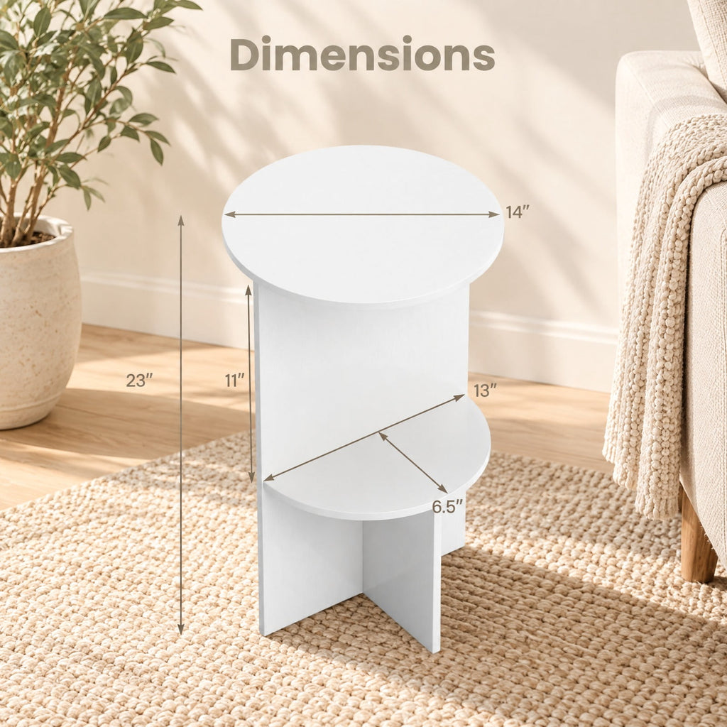 Airfind 2-Tier Round Side Table with Storage Shelf for Small Space, 66 Lbs Capacity, Engineered Wood, 14 Inch X 23 Inch for Convenient Everyday Use, White