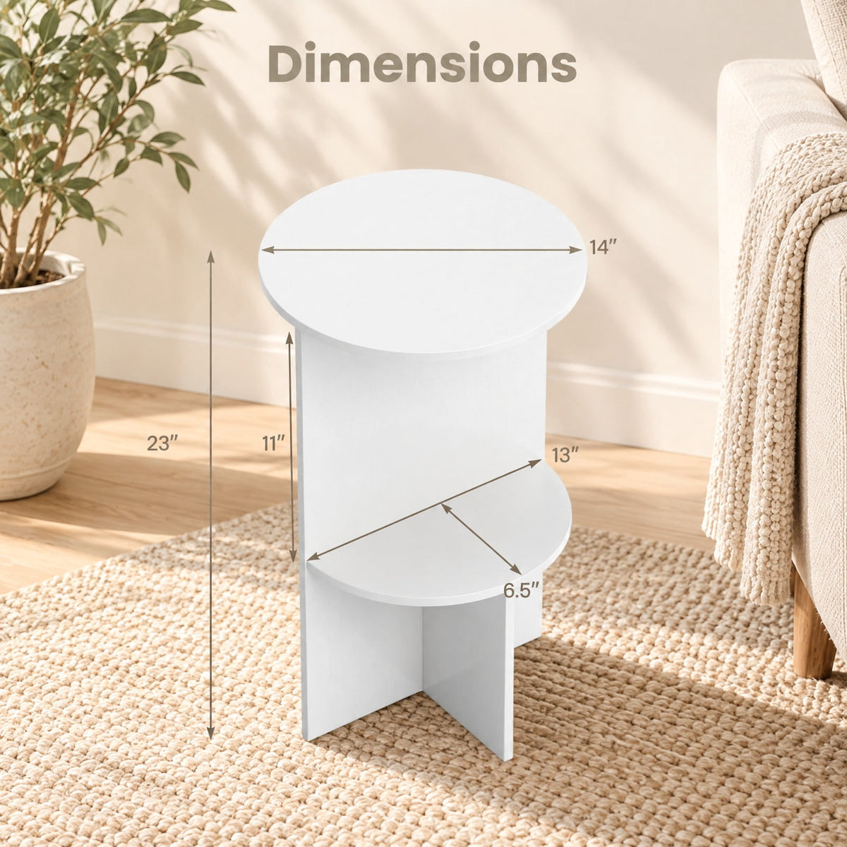 Airfind 2-Tier Round Side Table with Storage Shelf for Small Space, 66 Lbs Capacity, Engineered Wood, 14 Inch X 23 Inch for Convenient Everyday Use, White