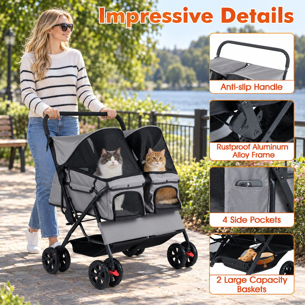 Airfind Foldable Double Pet Stroller with Adjustable Sunshade and Storage Basket, Aluminium Alloy Oxford Fabric PP EVA Frame, Gray