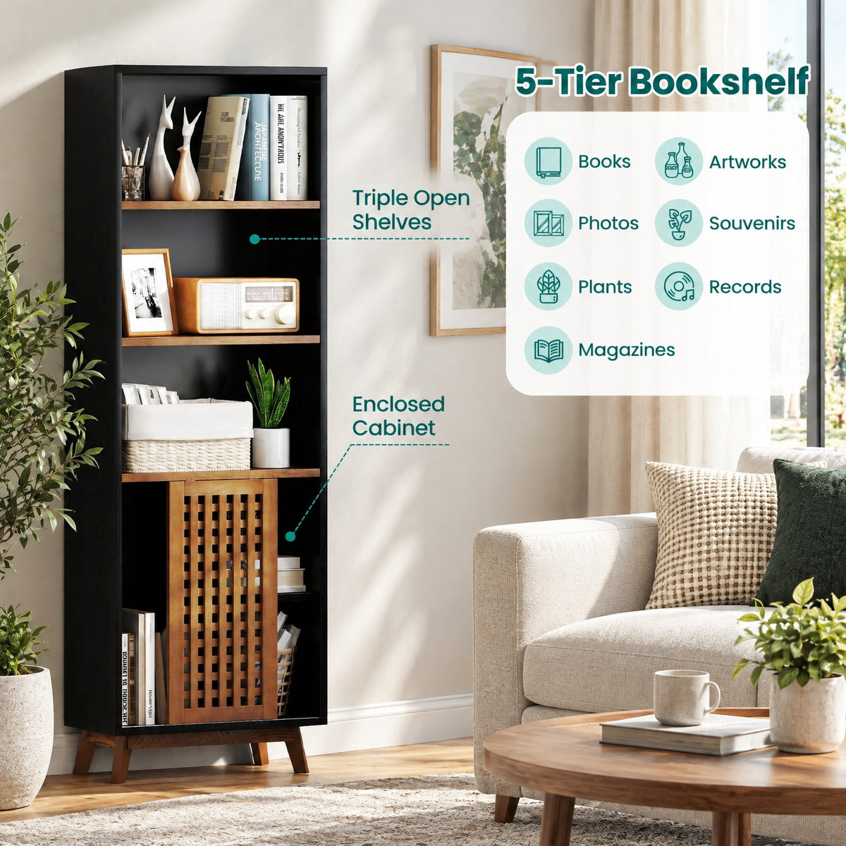 Airfind 70 Inch 5-Tier Bookshelf with Reversible Adjustable Shelf, 44 lbs Capacity, Solid Wood MDF Engineered Wood Aluminum Alloy Frame, Black