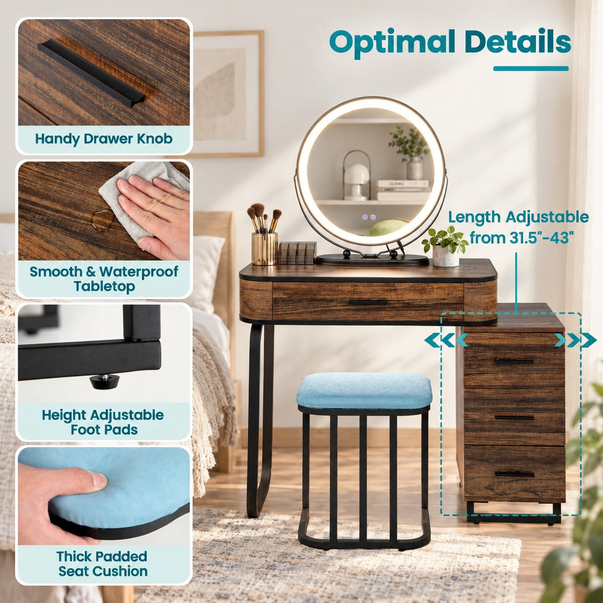 Airfind Vanity Table Set with 3-Color Lighted Mirror and Charging Station, 330 lbs Capacity, MDF Frame, 31.5inx 15.5inx 51in Footprint, Brown