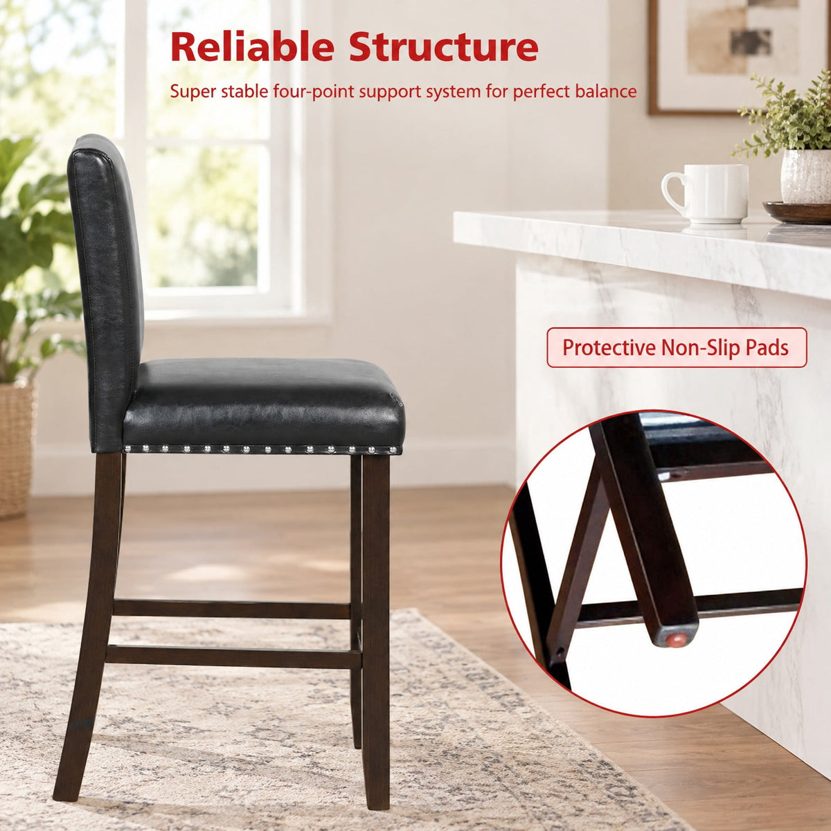 Airfind Set of 2 PVC Leather Bar Stools with Back for Kitchen Island, 245 lbs Capacity, Linen fabric(Gray)/PVC Leather(Black) LVL Frame