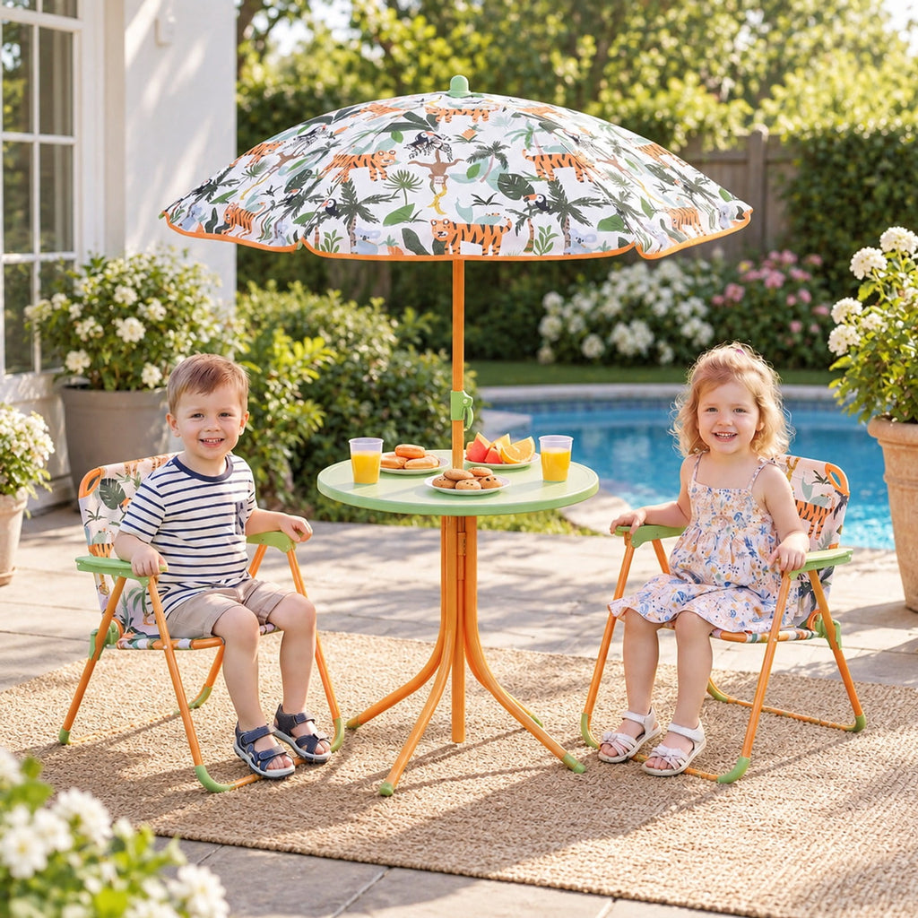 Airfind Kids Outdoor Table and Chair Set with 2 Folding Chairs and Height Adjustable Umbrella, 165 lbs Capacity, for 3-6 Years Old, Yellow