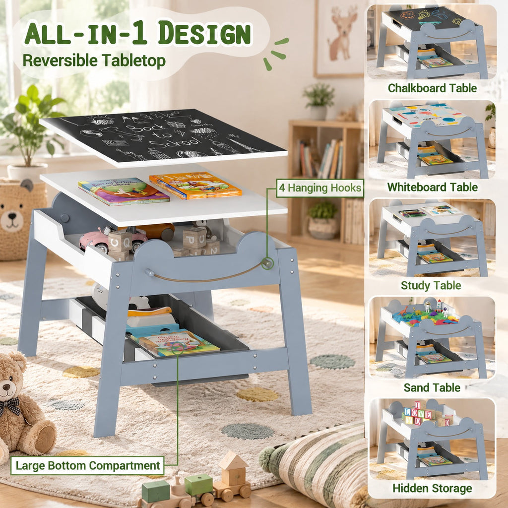 Airfind 5-in-1 Toddler Table and 2 Chairs Cute Art Desk Set with Reversible Chalkboard Whiteboard, 110 lbs Capacity, MDF Non-woven Fabric Frame