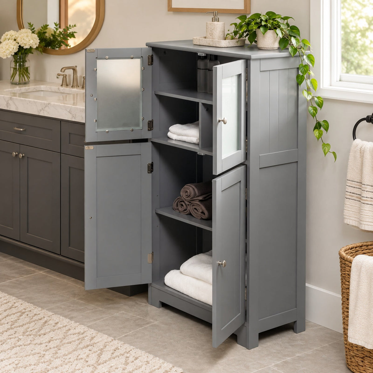 Airfind Bathroom Floor Storage Locker Kitchen Cabinet with Doors and Adjustable Shelf, MDF Frame, 23 x 12 x 43 inch Footprint, Gray