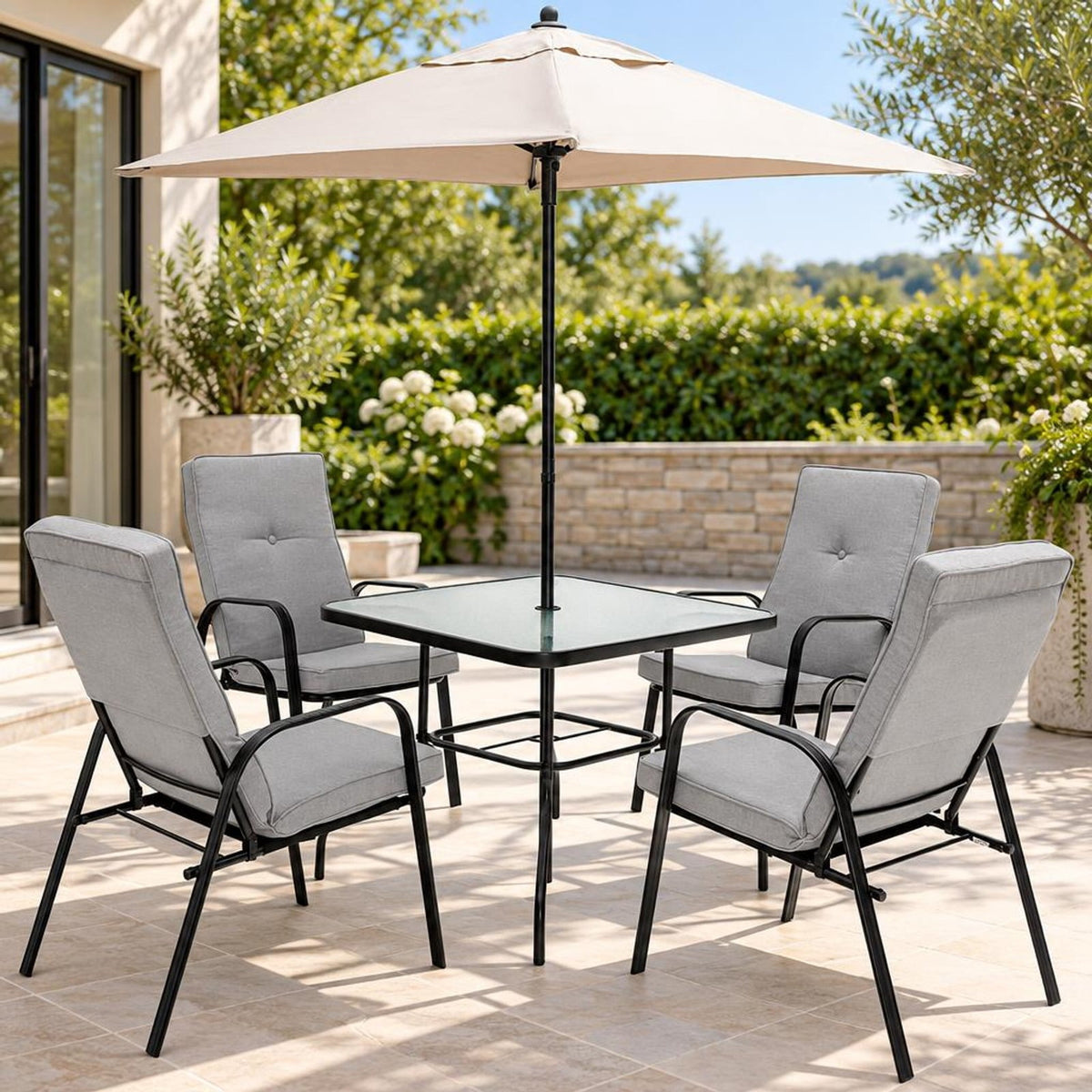 Airfind 35 Inch Patio Dining Square Tempered Glass Table with Umbrella Hole, 200 lbs Capacity, Steel tempered glass Frame, Black