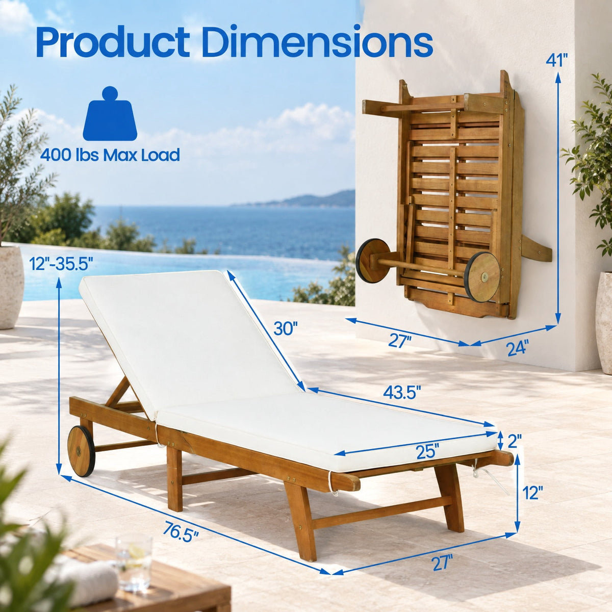 Airfind Patio Folding Eucalyptus Wood Chaise Lounge with 5, 400 lbs Capacity, Eucalyptus Wood Sponge Polyester Frame, Wood