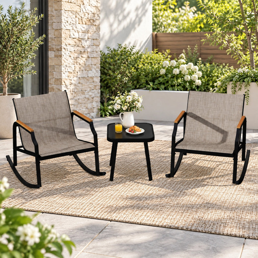 Airfind 3 Piece Patio Rocking Bistro Set with Tempered Glass Coffee Table and Armrests for Porch, Rocking Chair 330 lbs Capacity, Brown