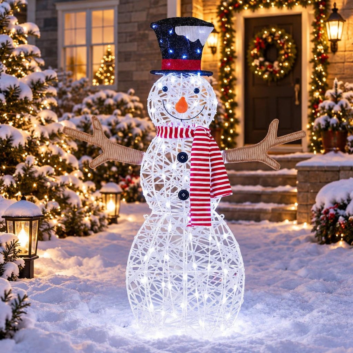Airfind Lighted Snowman Christmas Decoration with Cold White LED Lights, Metal Tinsel Fabric Frame, 33in x 10in x 43in Length of Footprint, White