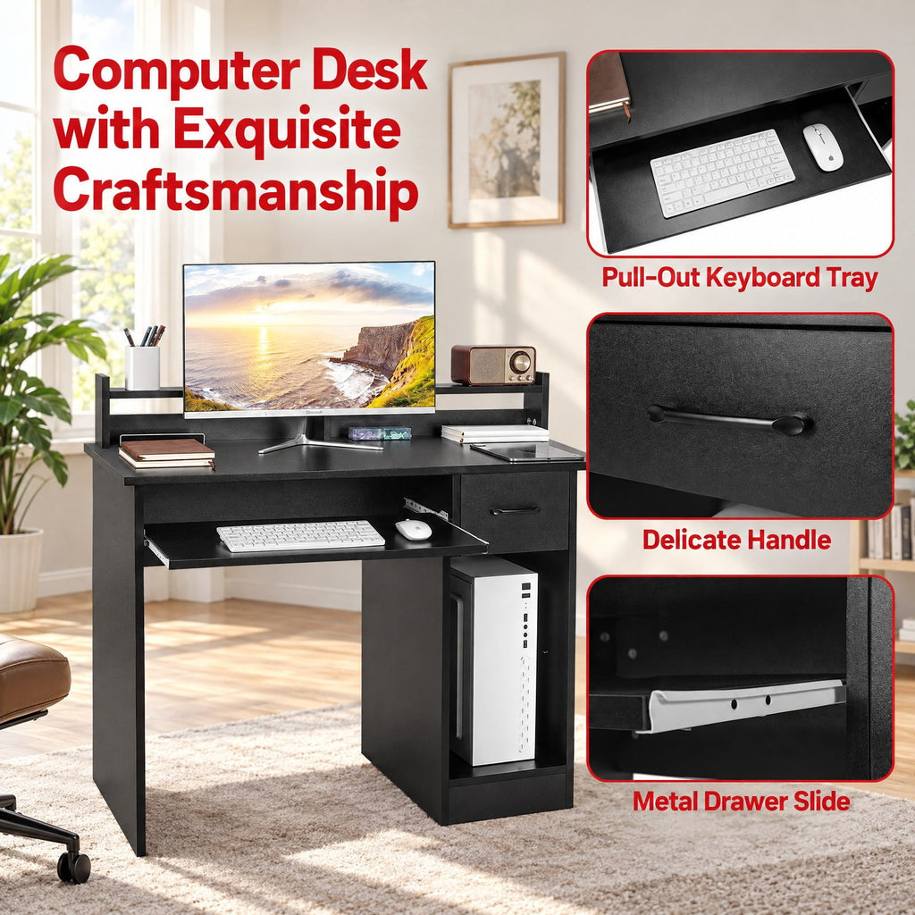 Airfind Study Laptop Table with Drawer and Keyboard Tray, 201 lbs Capacity, Engineered Wood MDF Frame, Black