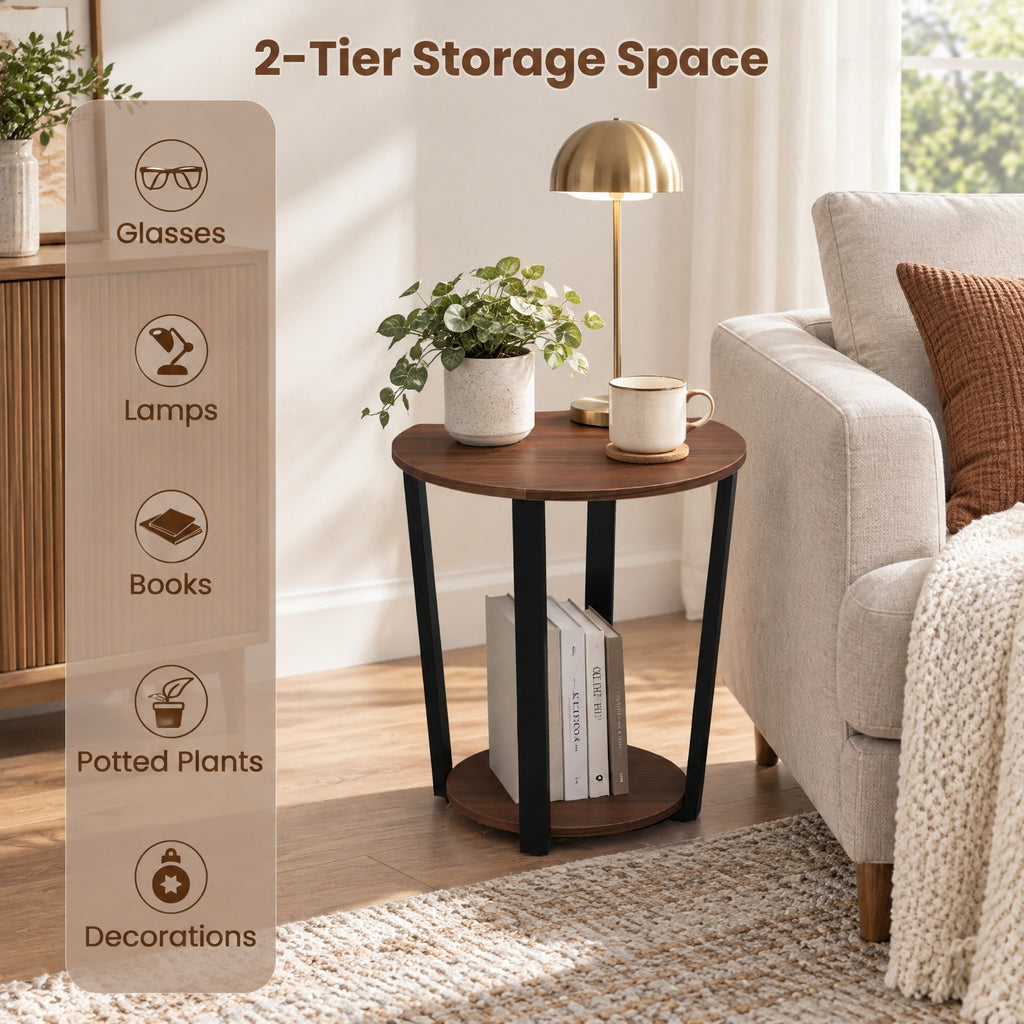 Airfind End Table, Round, with Open Shelf and Metal Frame, 66 lbs Capacity, Engineered Wood Metal Frame, 19.5 Inch x 19.5 Inch x 22.5 Inch Footprint, Walnut