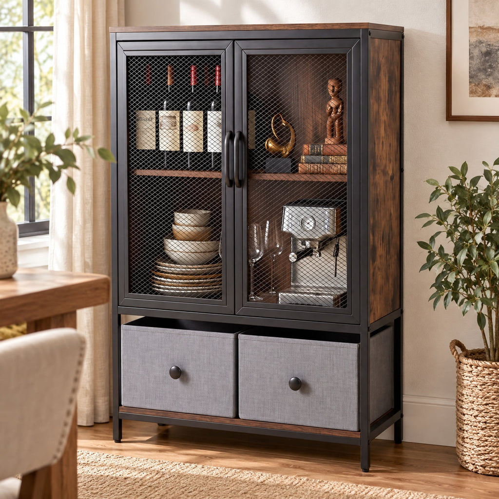 Airfind Industrial Coffee Bar Cabinet, Industrial Bar Cabinet with 2-Tier Storage Compartment, 88 lbs Capacity, Engineered Wood Metal PVC, Coffee