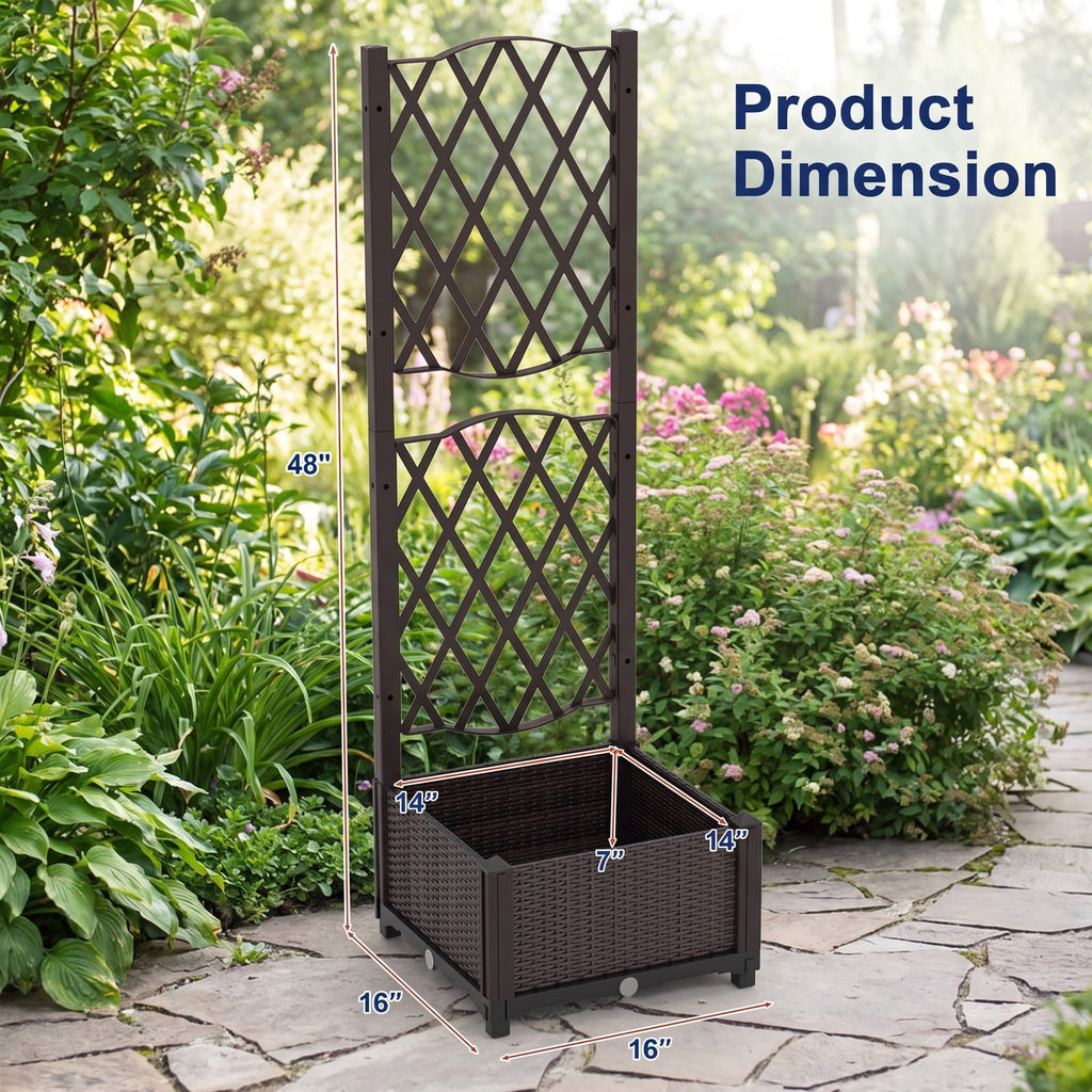 Airfind Raised Garden Bed with Trellis Planter Box for Climbing Plants, PP Frame, 16 x 16 x 48 Footprint, Brown