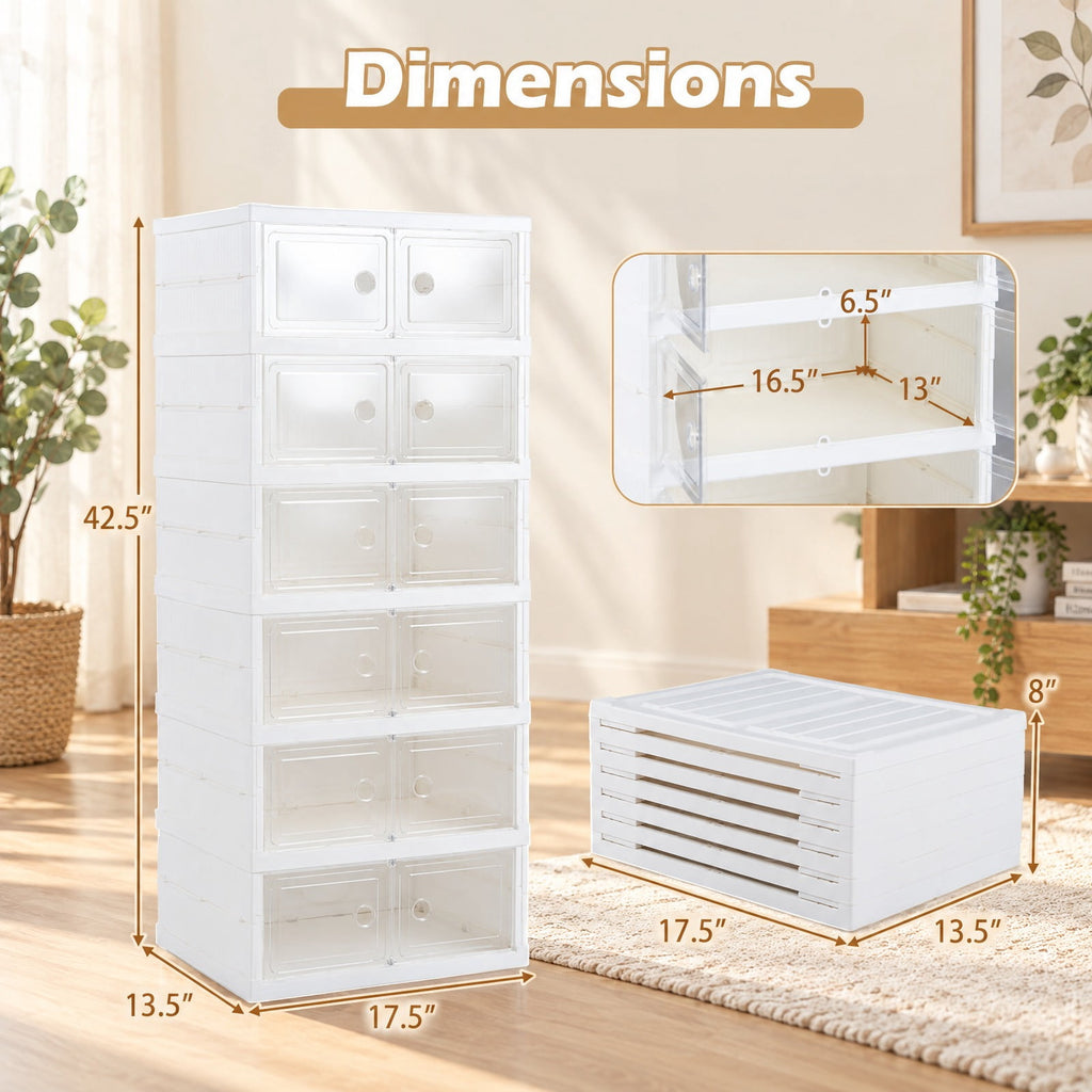 Airfind 6-Tier Shoe Organizer with Clear Doors and Portable Design for 12 Pairs, PP Frame, 17.5in x 13.5in x 42.5in Footprint, White