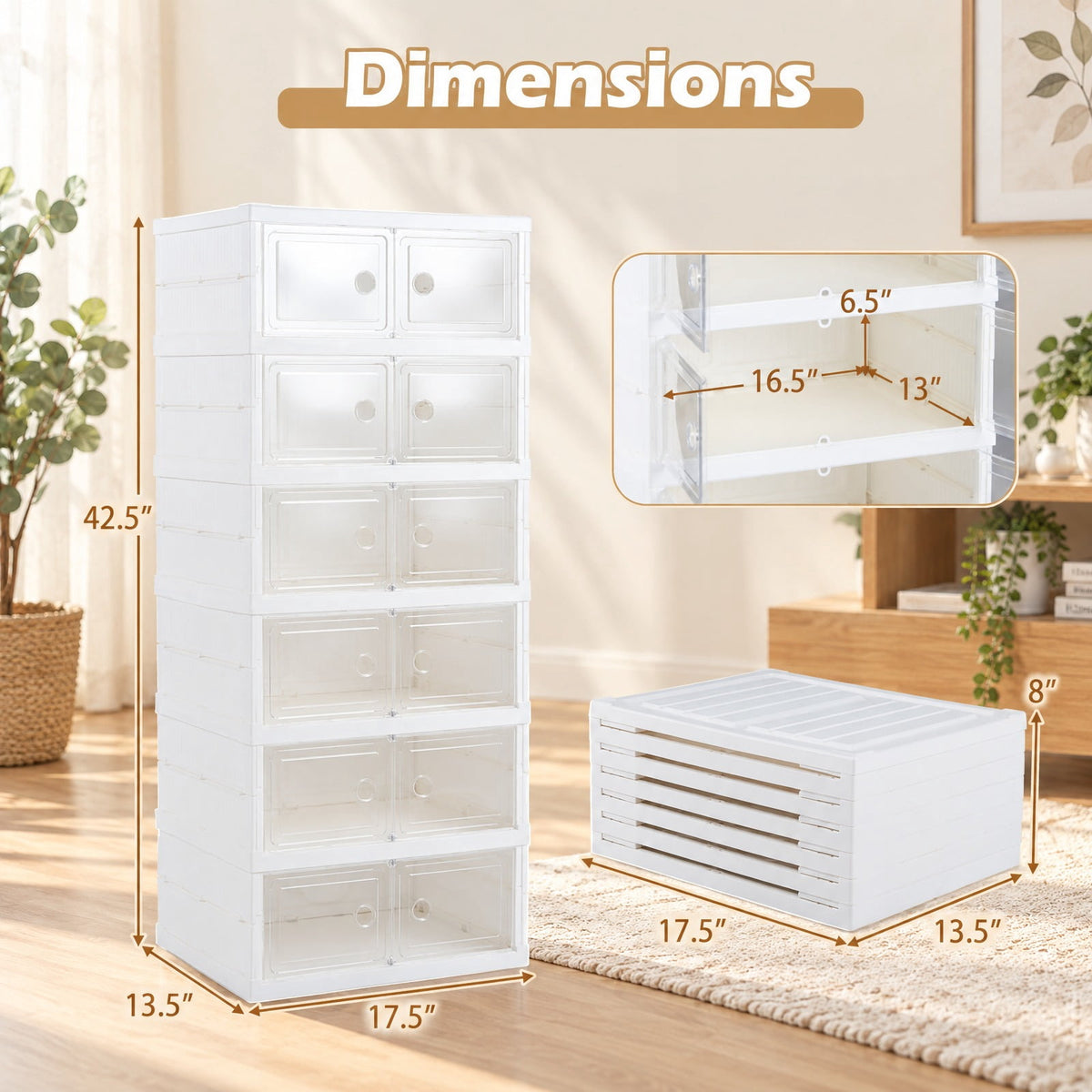 Airfind 6-Tier Shoe Organizer with Clear Doors and Portable Design for 12 Pairs, PP Frame, 17.5in x 13.5in x 42.5in Footprint, White